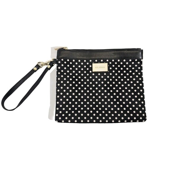 MW St. John Black & White Polka Dot Zip Top Clutch Wristlet Make Up Bag Purse - Picture 1 of 5